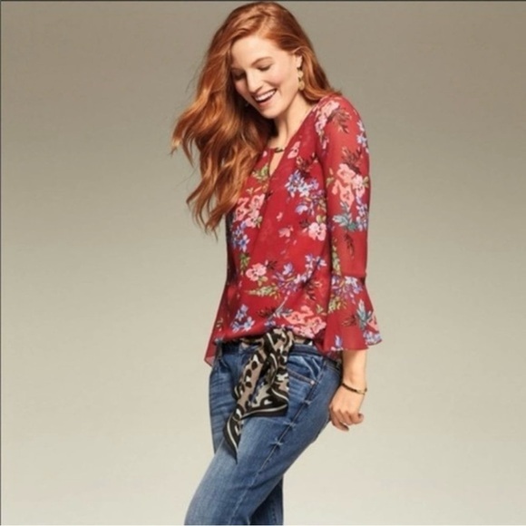 CAbi Style 3590 Devoted Red Floral Print Bell Sleeve Blouse Size M - Picture 2 of 10